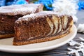 A piece of delicious two-color cake with chocolate and coconut chips. Royalty Free Stock Photo