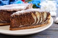 A piece of delicious two-color cake with chocolate and coconut chips Royalty Free Stock Photo