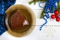 A piece of delicious two-color cake with chocolate and coconut chips. Royalty Free Stock Photo