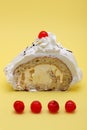 Piece of diplomat cake on yellow background Royalty Free Stock Photo