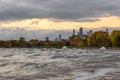 Piece of downtown Chicago along Lake Michigan with crashing waves and cloudy skies in the morning Royalty Free Stock Photo