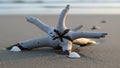 A piece of driftwood resembling a starfish rests on a sandy beach Royalty Free Stock Photo