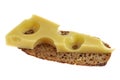 Emmental cheese on a slice of bread isolated