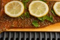 A piece of fish steak with lemons lies on a wooden board, baked, closeup Royalty Free Stock Photo