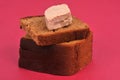 Piece of foie gras on a stack of gingerbread slices close-up on red background