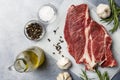 Piece of fresh beef meat with herbs, oil and garlic on gray background Royalty Free Stock Photo