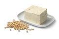 Piece of fresh firm tofu and dried soy beans Royalty Free Stock Photo