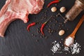 Piece of fresh meat on slate with pepper and salt Royalty Free Stock Photo