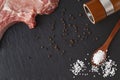 Piece of fresh meat on slate with pepper and salt Royalty Free Stock Photo