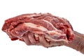 A piece of fresh raw meat in a man's hand on a white background, isolated. Close-up, food Royalty Free Stock Photo