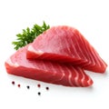 A piece of fresh tuna fish on a white background.