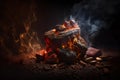 Piece of fried meat on a black background with smoke and fire. Baked meat. Delicious dish. Artistic blur. Advertising background