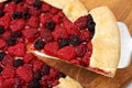 Piece of galette with red and black raspberries