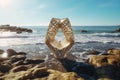 A piece of glass sitting on top of a sandy beach. Generative AI image. Royalty Free Stock Photo