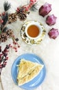 Piece of greek feta cheese pie and tea Royalty Free Stock Photo
