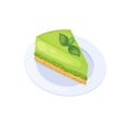 Piece of green cheesecake with matcha leaves on plate