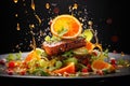 a piece of grilled meat with vegetables, oranges and sauce, serving on a plate, dark background, delicious and beautiful food