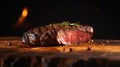 Piece of Grilled medium rare steak with spices on wooden board. Generative Ai Royalty Free Stock Photo