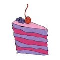 Piece of hand drawn blueberry cake with cherry.