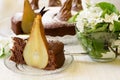 Piece of homemade chocolate cake with pears decorated pear blossom