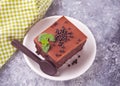 A piece of homemade chocolate cake on the plate with icing, mint leaf and chocolate spoon on the gray table Royalty Free Stock Photo