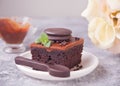 A piece of homemade chocolate cake on the plate with icing, mint leaf and chocolate spoon on the gray table Royalty Free Stock Photo