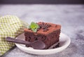 A piece of homemade chocolate cake on the plate with icing, mint leaf and chocolate spoon on the gray table Royalty Free Stock Photo