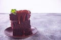 A piece of homemade chocolate cake on the plate with icing, mint leaf and chocolate spoon on the gray table Royalty Free Stock Photo