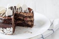 Piece of homemade chocolate cherry cake on a white plate, side view. Closeup Royalty Free Stock Photo