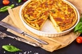 A piece Homemade quiche lorraine with chicken, mushrooms and che