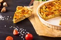 A piece Homemade quiche lorraine with chicken, mushrooms and che