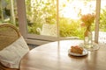 Piece of homemade taro cake in classic plate on table with copy space for text