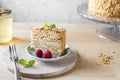 Piece of honey cake Medovik, layer cake decorated with berries on light background Royalty Free Stock Photo