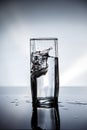 A piece of ice falls into a glass of clean drinking water. On a beautiful illuminated background. Royalty Free Stock Photo
