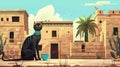 This piece is an illustration of a street in an ancient Egyptian city with a museum and a cat statue. It includes a Royalty Free Stock Photo