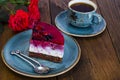 Piece of jelly mousse cake with fruit, cup of tea Royalty Free Stock Photo