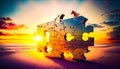 Piece of jigsaw puzzle on the beach at sunset. Generative AI