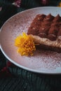 a piece of juicy cake with coffee and cocoa decorated with yellow light. On a green background.