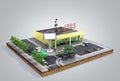 Piece of land Supermarket with parking on the ground 3d render on grey gradient
