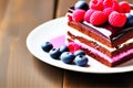 A piece of layer cake with fresh wild berries and chocolate topping on a white plate. Delicious sweet dessert Royalty Free Stock Photo