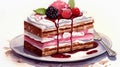 A piece of layer cake on a white plate with a fork. Watercolor illustration of a beautiful dessert decorated with fresh Royalty Free Stock Photo