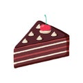 Piece of layered chocolate cake with maraschino cherry. Hand drawn style cake slice isolated illustration. Royalty Free Stock Photo