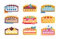 Piece of layered delicious cake set, cakes with various ingredients with fruits and berries on top vector Illustration Royalty Free Stock Photo