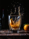 A piece of lemon and orange falls into a glass of water and splashes fly in all directions