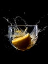 A piece of lemon and orange falls into a glass of water and splashes fly in all directions