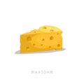 Piece of maasdam. Cartoon flat style cheese segment. Fresh diary product. Vector illustration single icon