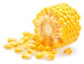 Piece of maize cob or corn cob and corn seeds isolated on white background Royalty Free Stock Photo