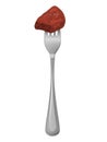 Piece of meat on a fork on white background.