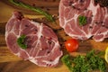 A piece of meat for making a steak piece of woodSteak and ingredients prepared for the evening party Royalty Free Stock Photo