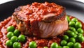 A piece of meat with sauce on it and peas